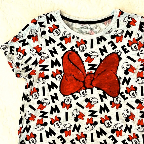 Disney Other - Disney Minnie Mouse Red Sequin Bow Gray T Shirt Size Girls 14-16 XL